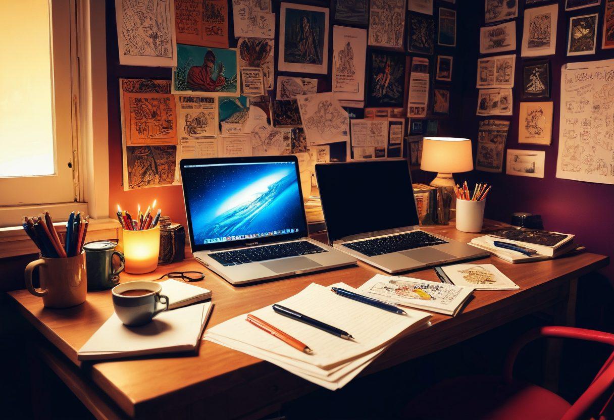 A cozy writer's desk cluttered with notebooks, colorful pens, and a laptop displaying vivid storyboards. In the background, vibrant illustrations of diverse characters and scenes burst onto the walls. A steaming cup of coffee sits nearby, suggesting inspiration and creativity in the air. Soft, warm lighting enhances the inviting atmosphere of storytelling. vibrant colors. super-realistic.