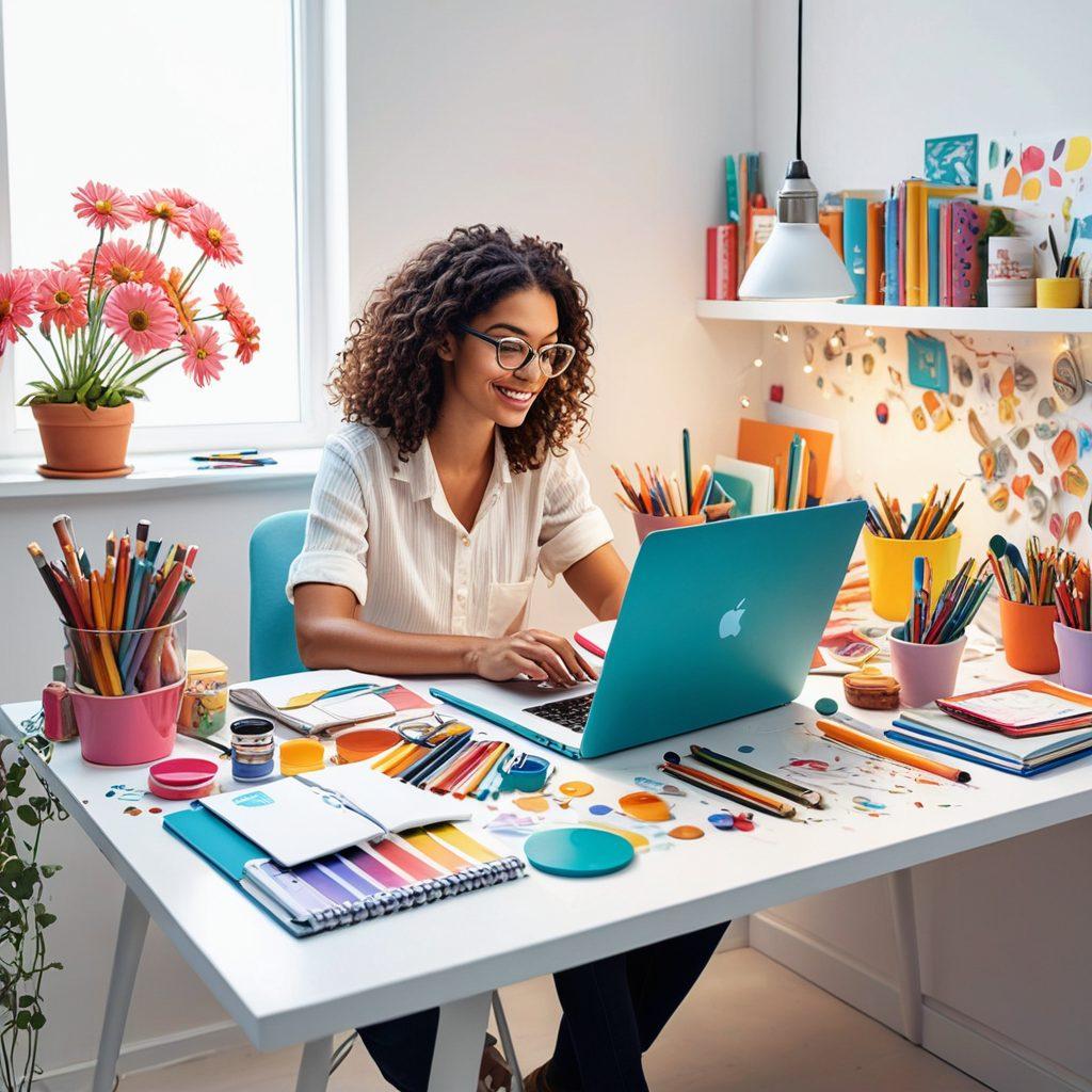 A whimsical scene illustrating a person at a desk overflowing with colorful art supplies, notebooks, and a glowing laptop. Surrounding them are visual elements symbolizing various niches—cooking, travel, technology—with vibrant colors and imaginative designs. Inspiration flows as sketches and ideas swirl around like magic. The atmosphere is lively and encouraging, inviting viewers to explore their creative potential. vector art. vibrant colors. white background.