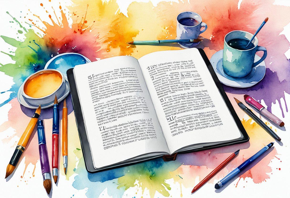 A beautiful, open diary transforming into a sleek digital tablet, with flowing colorful content like words and images rising from the pages. The background features a workspace with creative tools like brushes and a laptop, symbolizing the fusion of old and new content creation methods. Soft, warm lighting adds to the inviting atmosphere. watercolor style. vibrant colors. minimalistic.